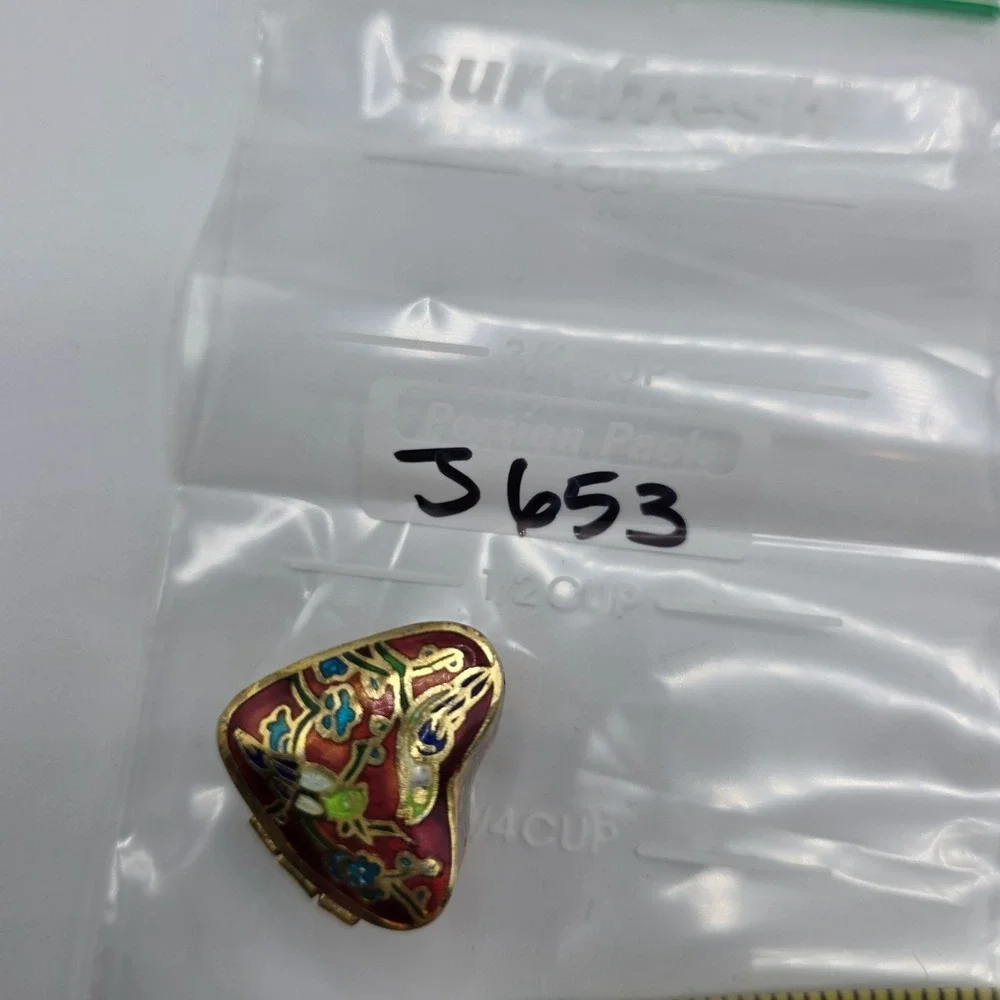Heart Shape‎ Cloisonne Trinket Pill Box Red Blue Bird Floral Enamel Gold Trim